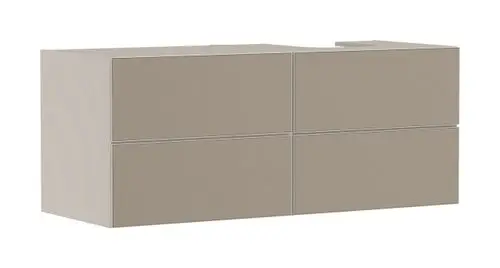 Waschtischunterschrank in sandbeige mit vier Schubladen. Schlichtes Design, geeignet für Konsolen Aufsatzwaschtisch. Marke: Hansgrohe.